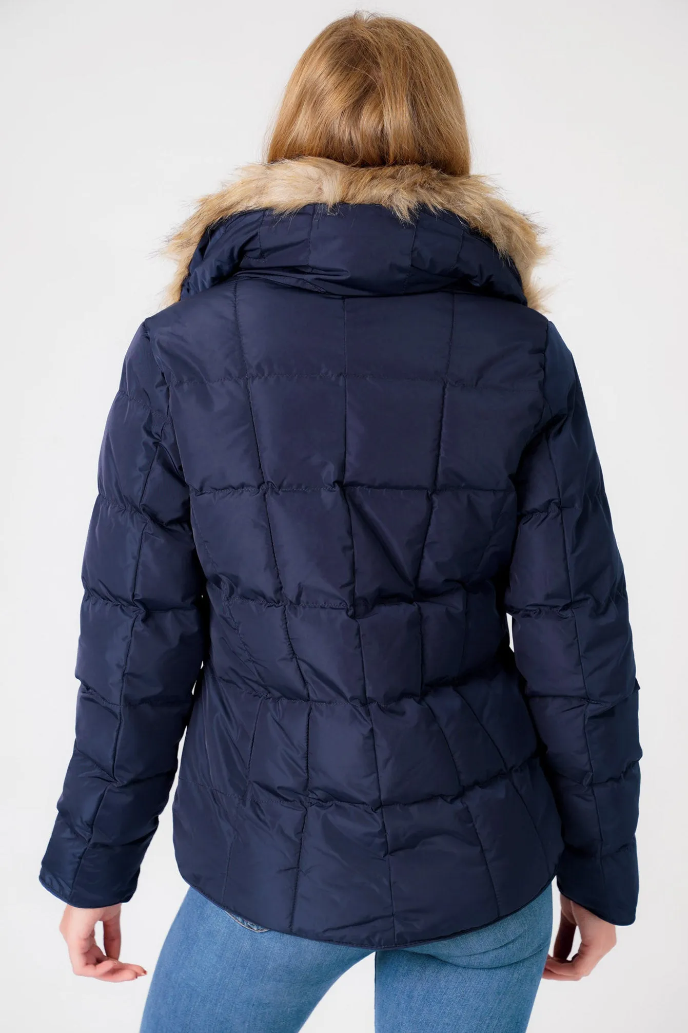 Bertie Funnel Neck Quilted Puffer Jacket With Detachable Fur Trim In Peacoat Blue - Tokyo Laundry