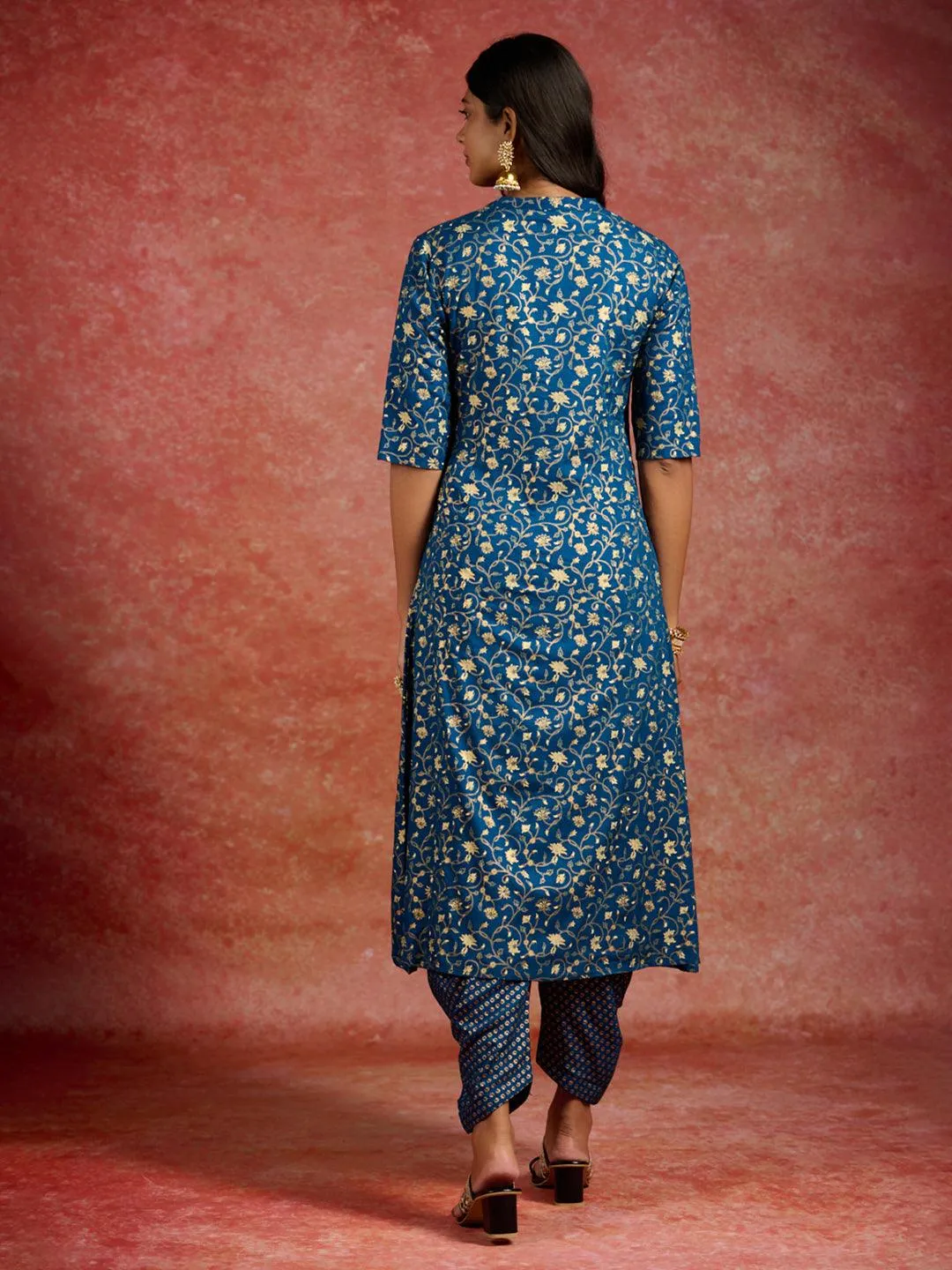 Blue Printed Rayon A-Line Kurta With Dhoti Pants