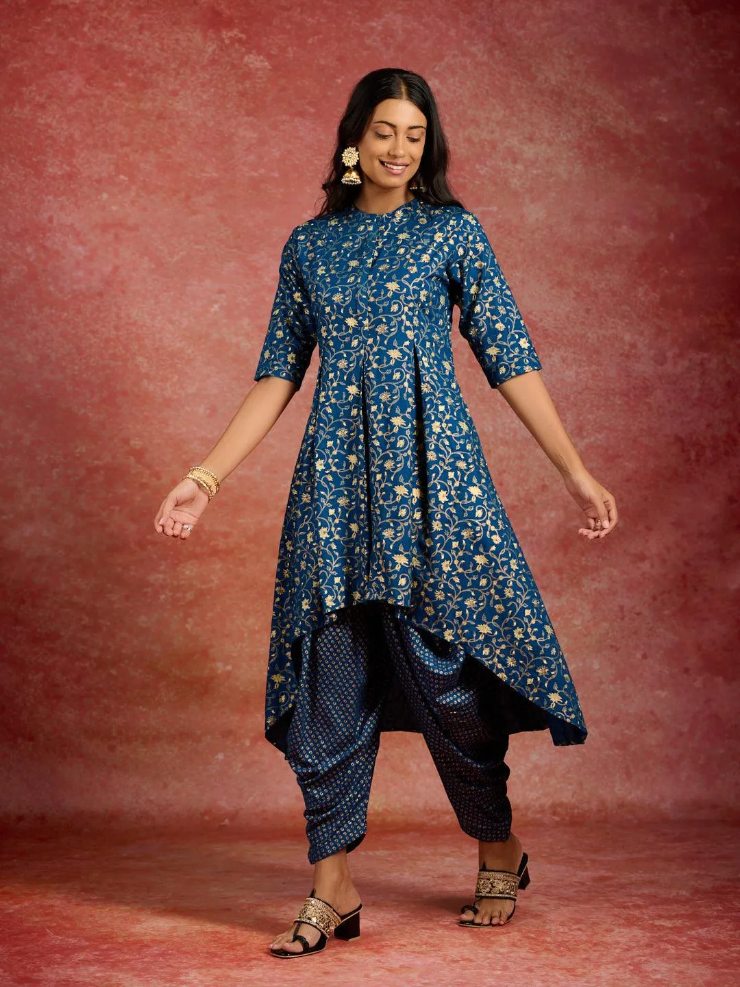 Blue Printed Rayon A-Line Kurta With Dhoti Pants