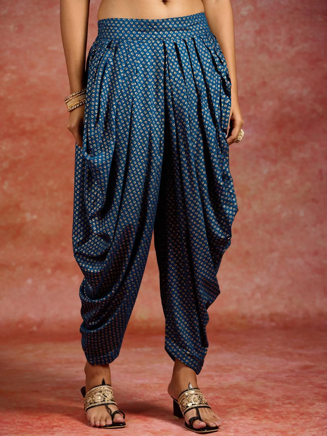 Blue Printed Rayon A-Line Kurta With Dhoti Pants