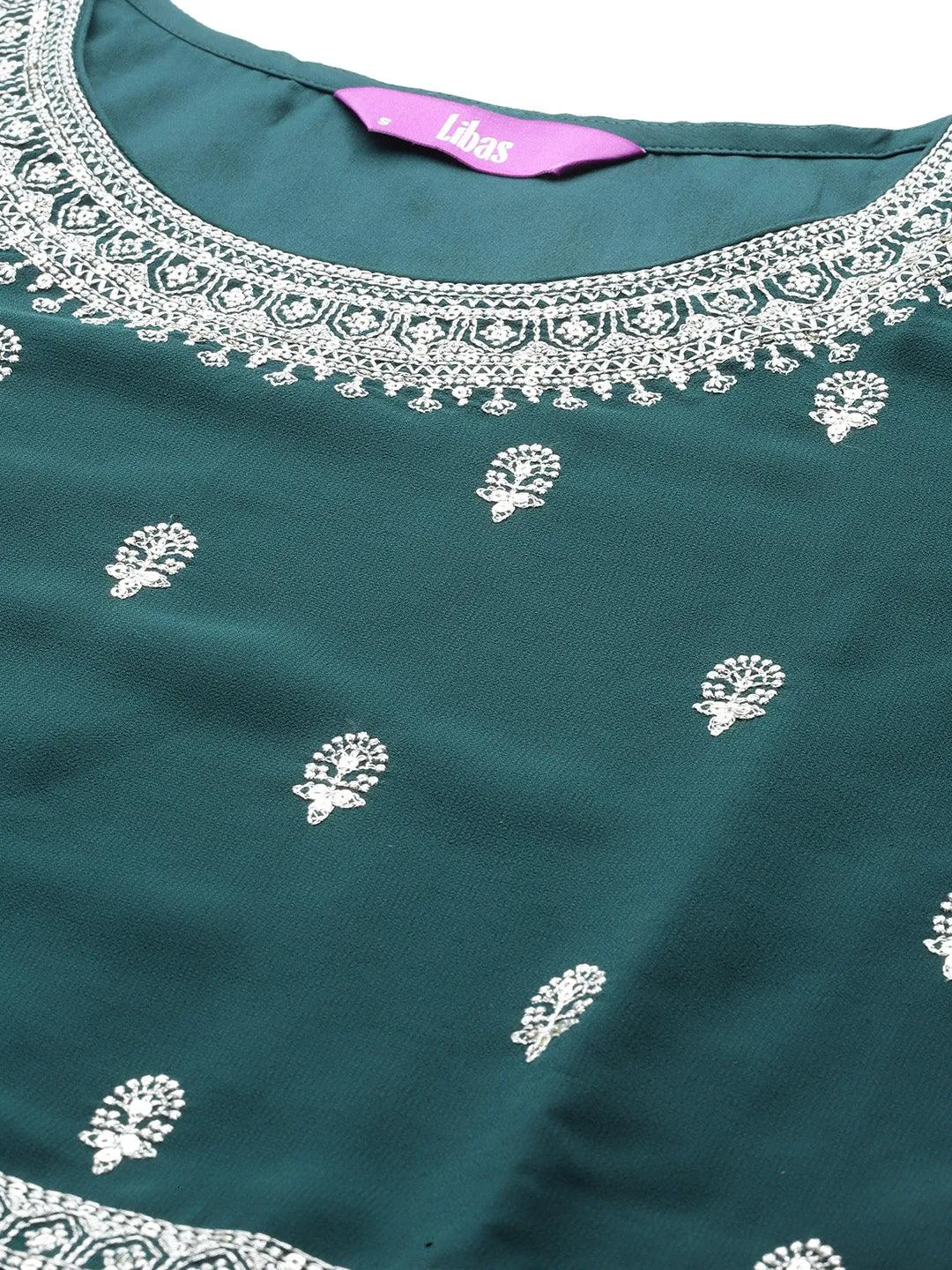 Bottle Green Embroidered Georgette A-Line Kurta With Palazzos & Dupatta