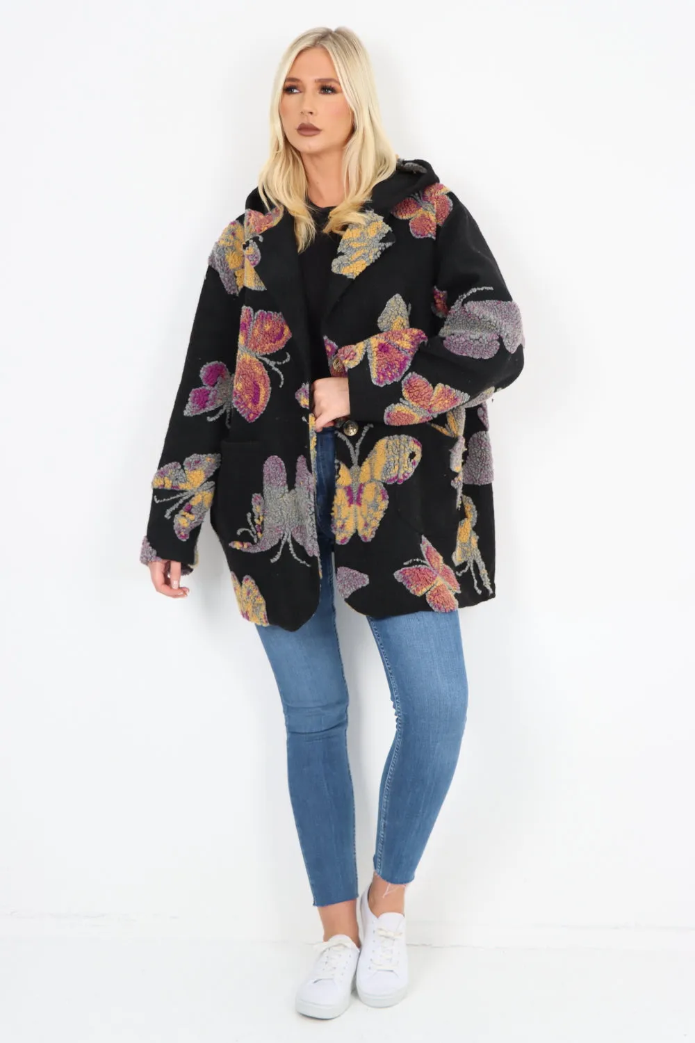 Butterfly Print Button Hooded Front Pockets Coat