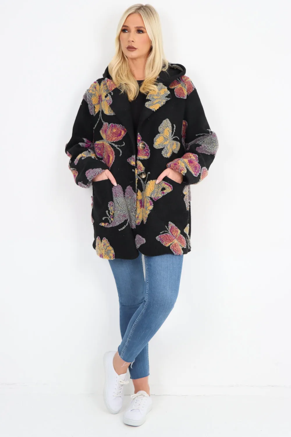 Butterfly Print Button Hooded Front Pockets Coat