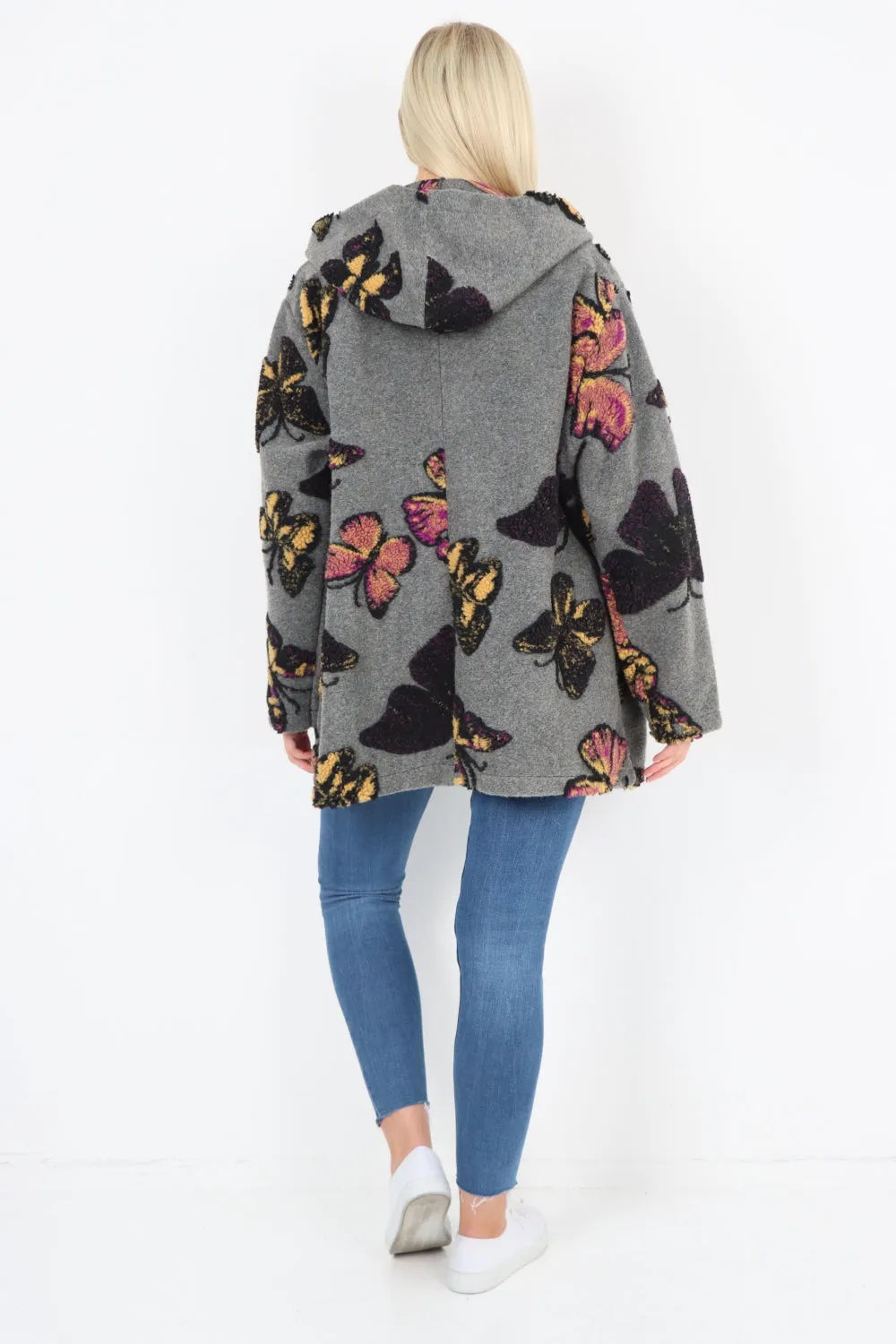 Butterfly Print Button Hooded Front Pockets Coat