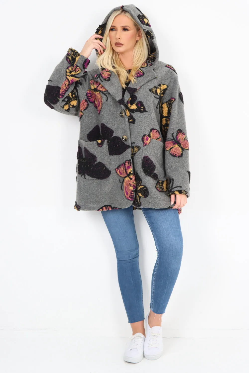 Butterfly Print Button Hooded Front Pockets Coat