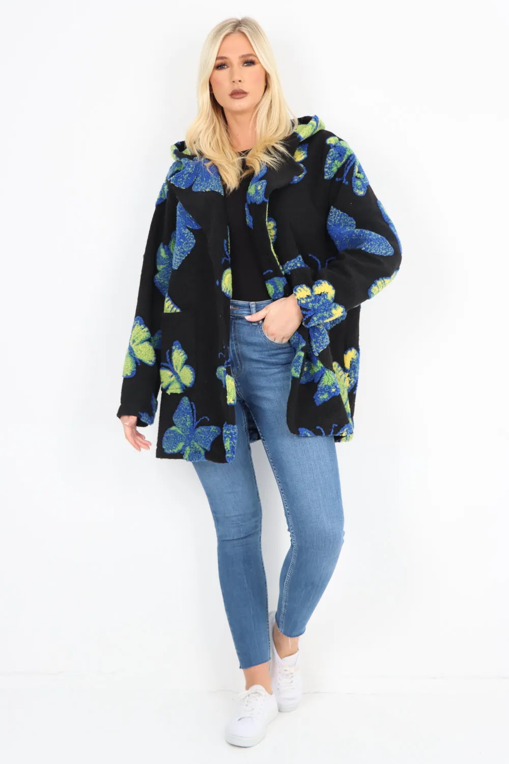 Butterfly Print Button Hooded Front Pockets Coat