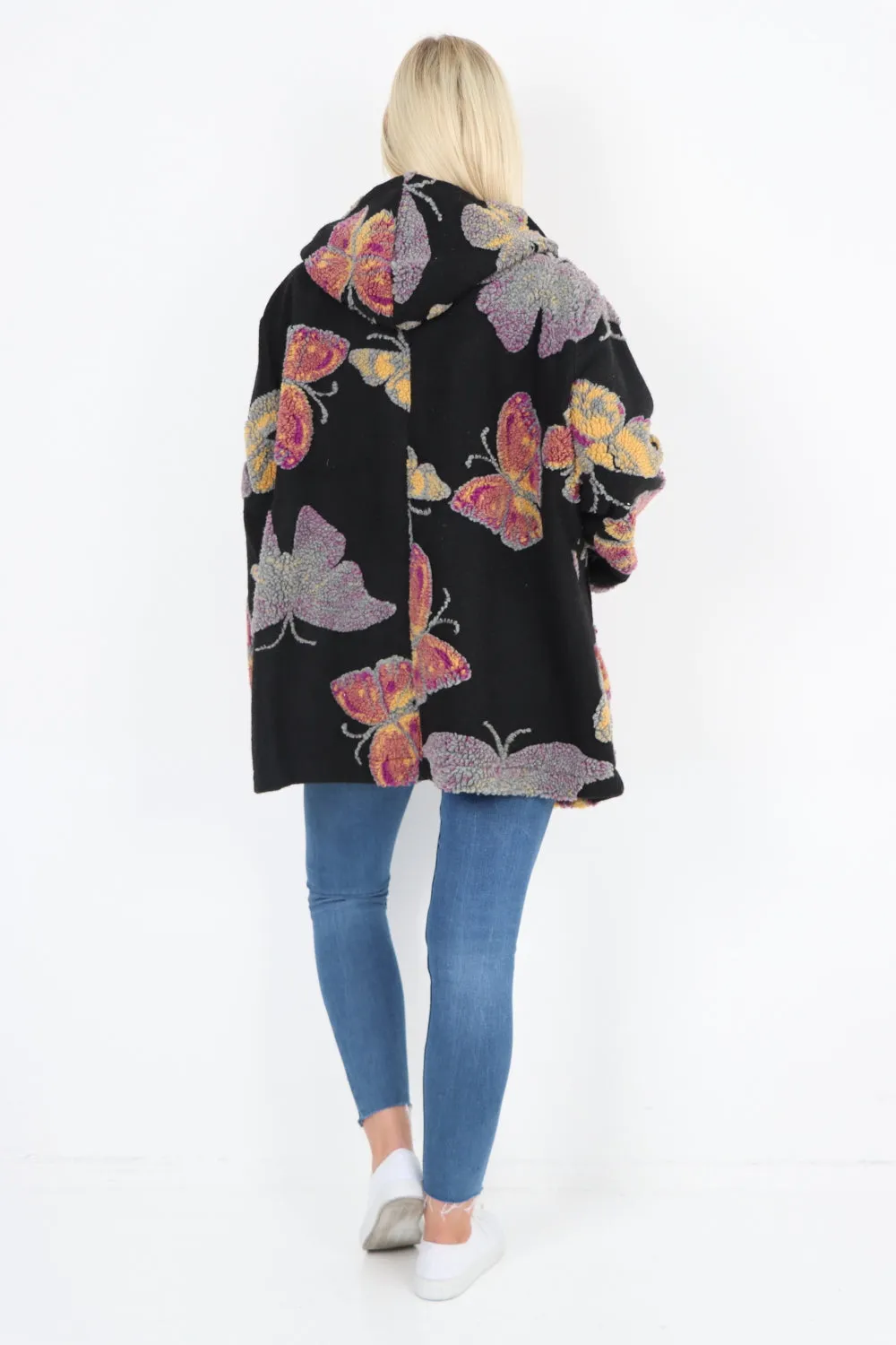 Butterfly Print Button Hooded Front Pockets Coat