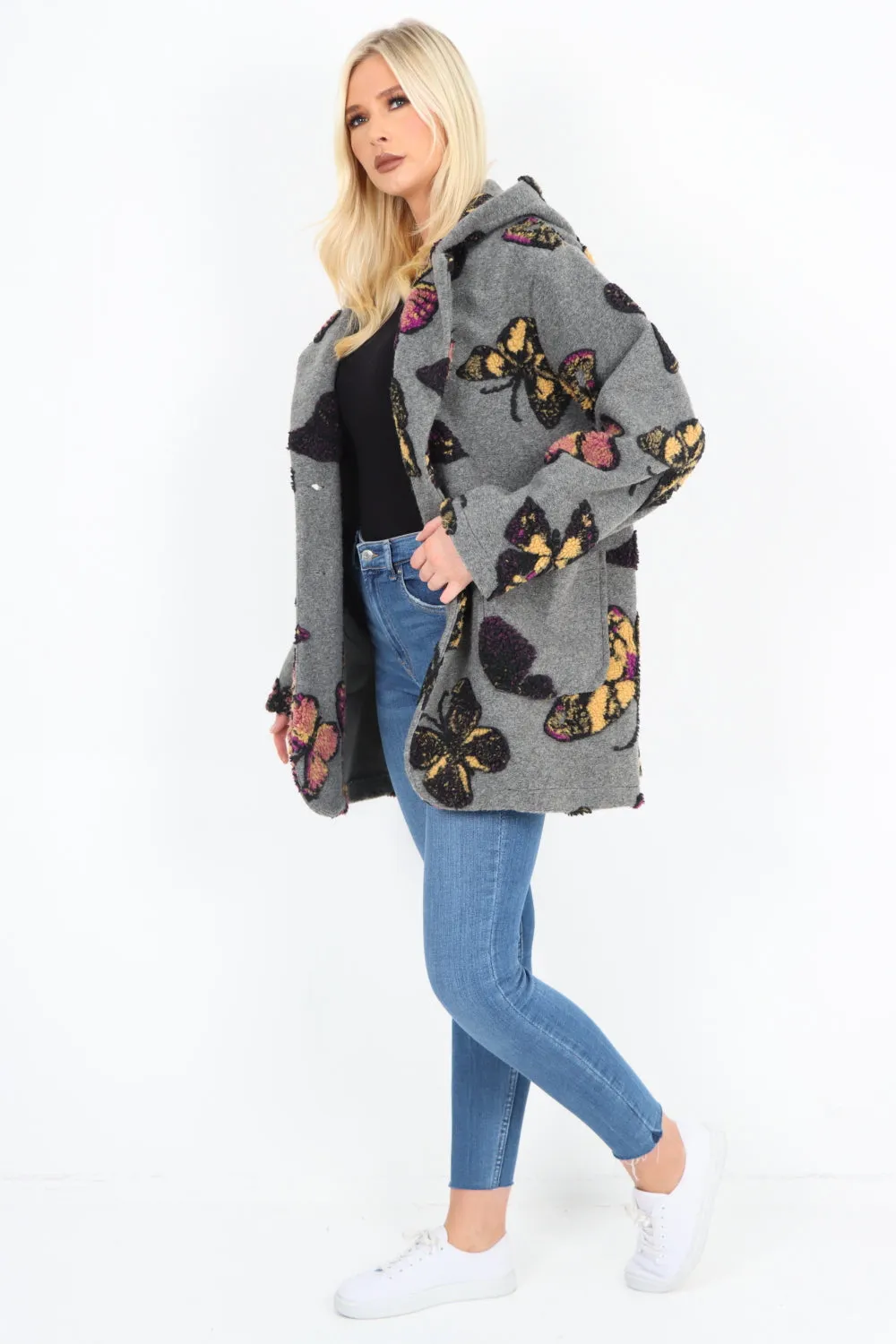 Butterfly Print Button Hooded Front Pockets Coat