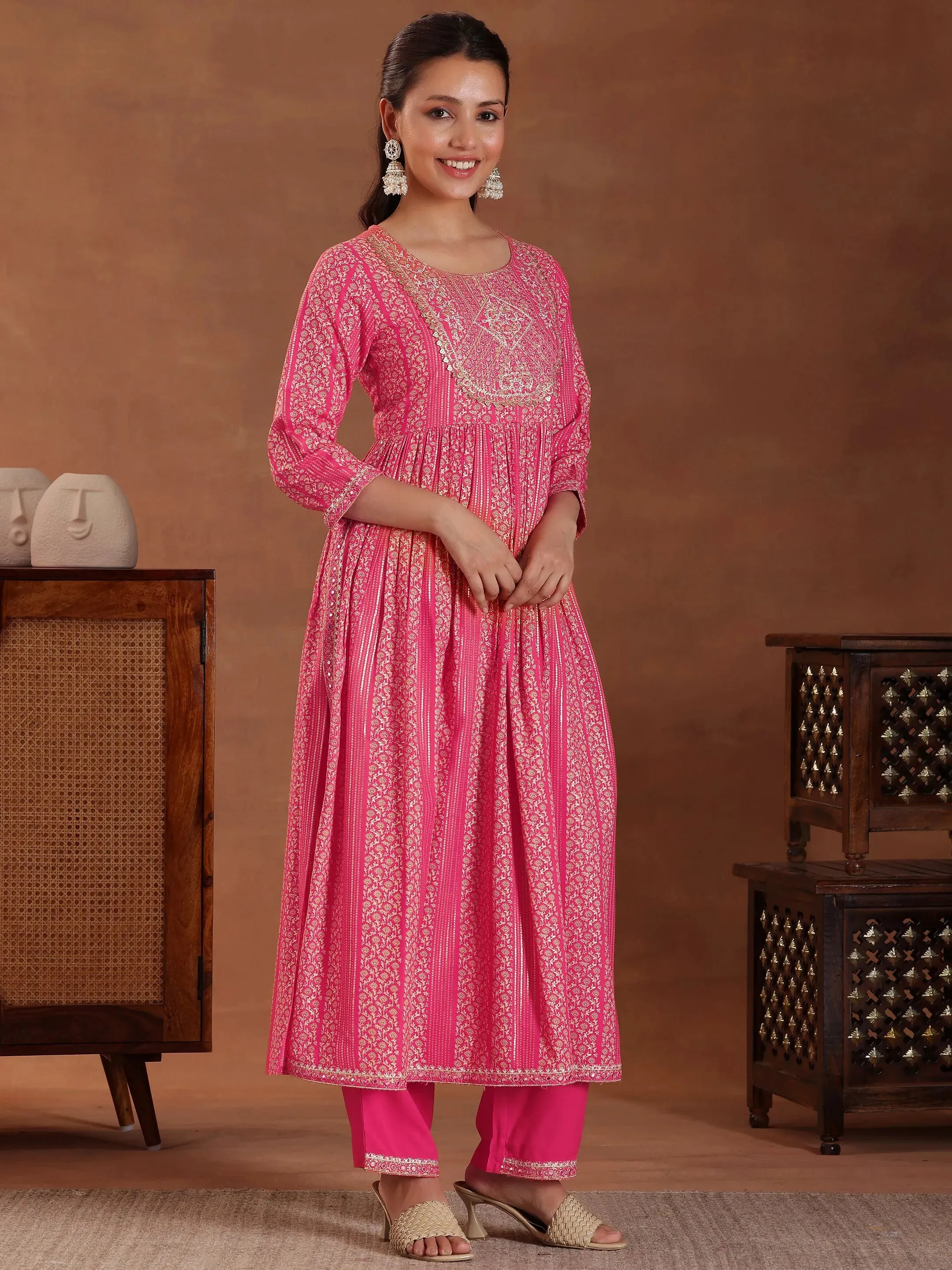 Coral Printed Rayon A-Line Kurta With Sharara & Dupatta