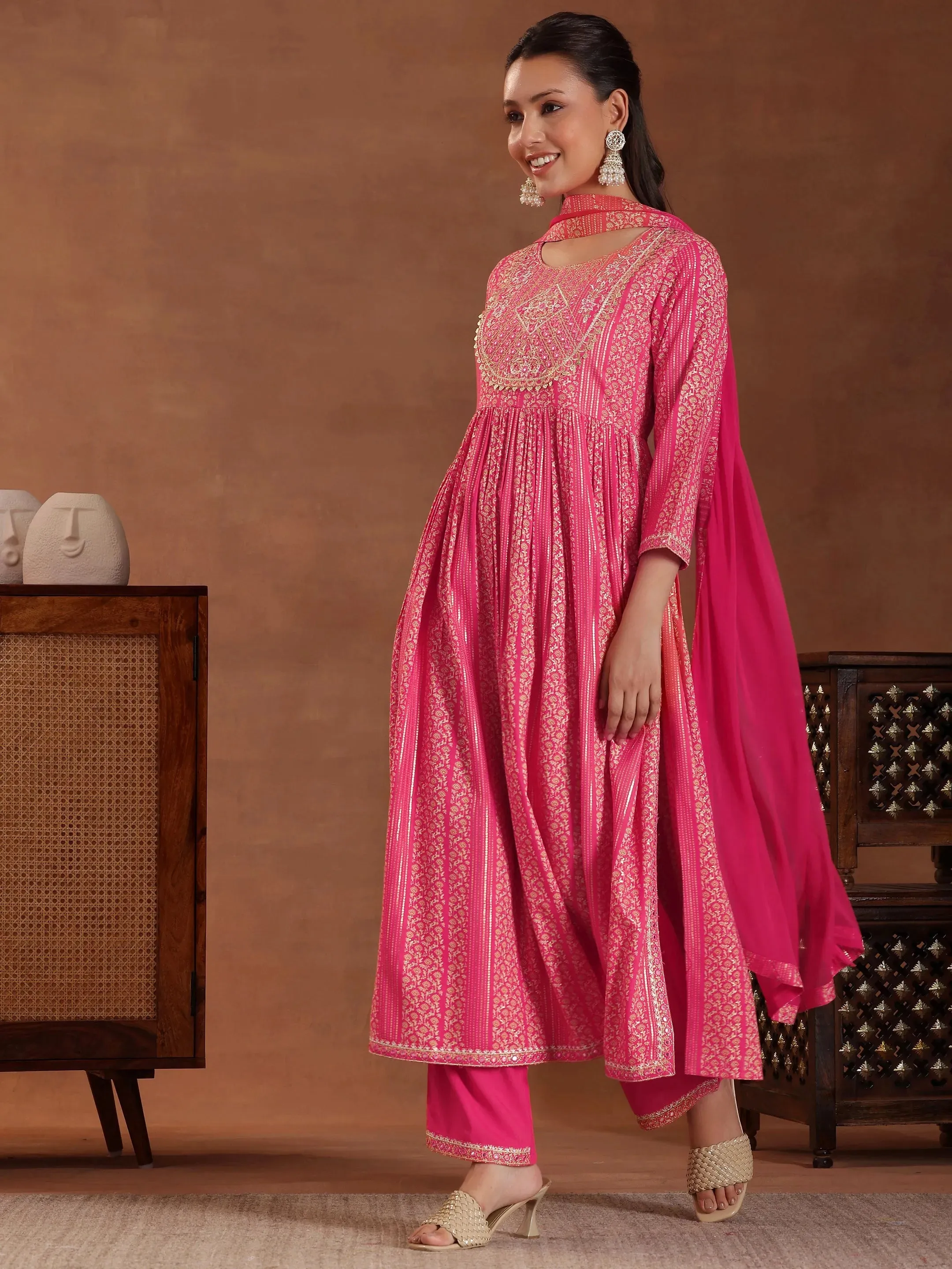 Coral Printed Rayon A-Line Kurta With Sharara & Dupatta