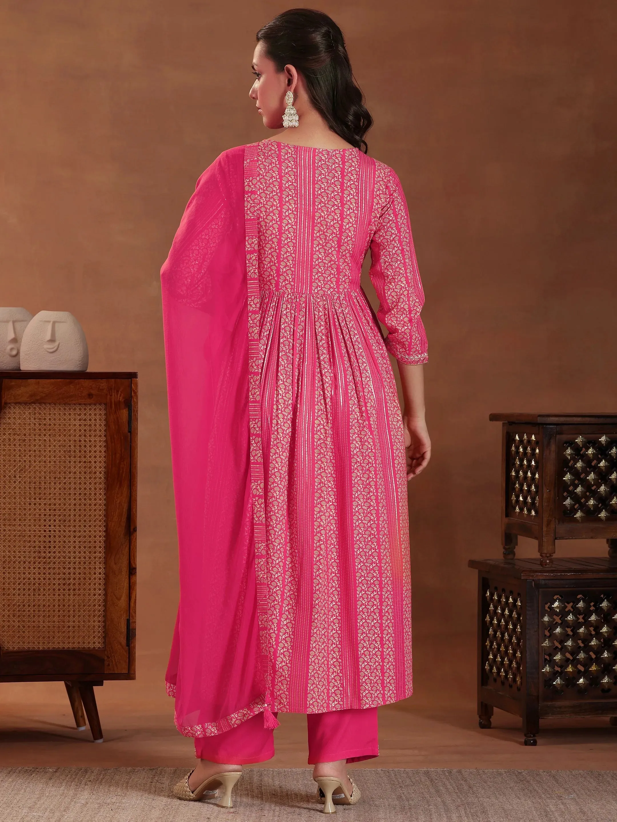 Coral Printed Rayon A-Line Kurta With Sharara & Dupatta