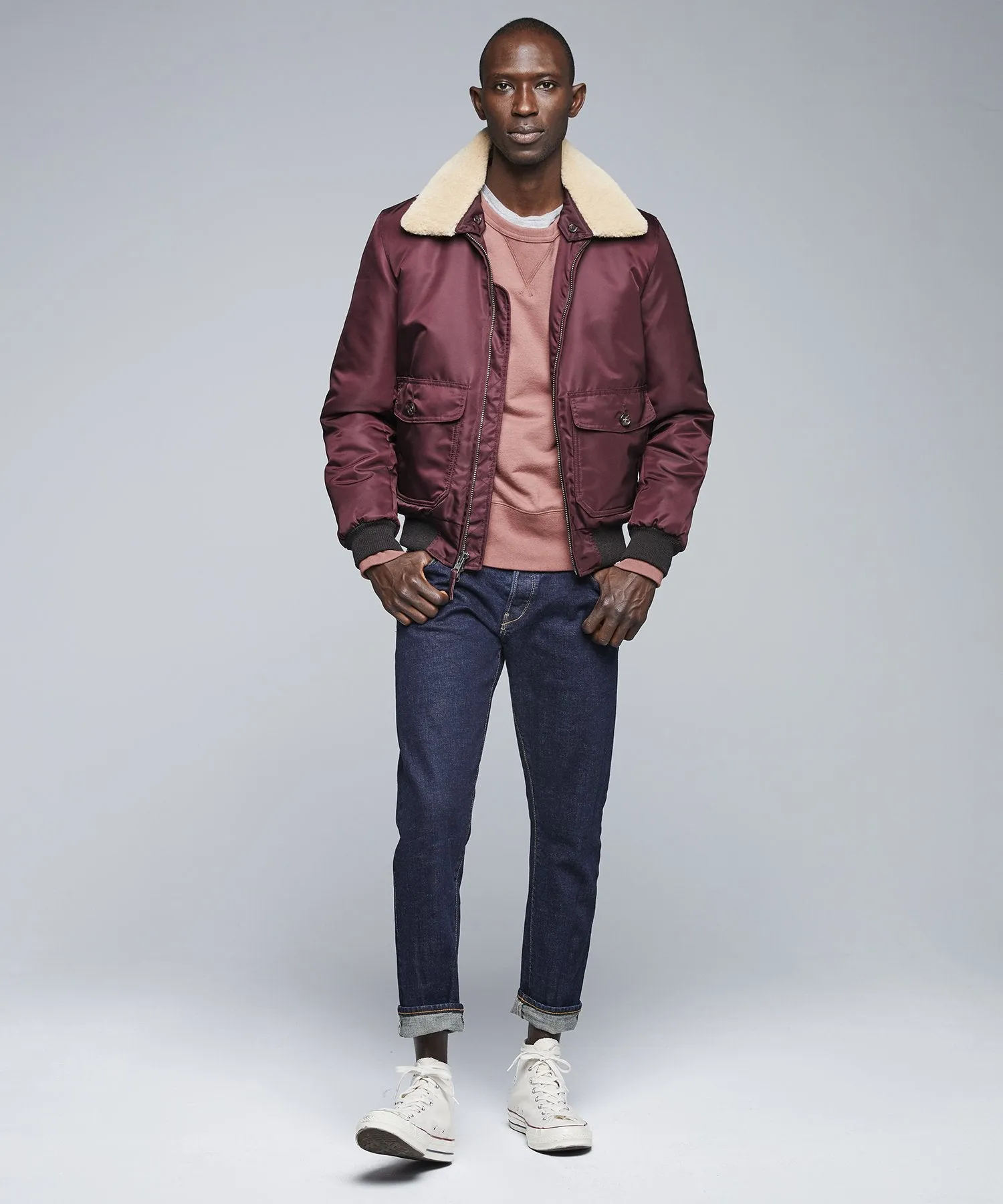 Exclusive Todd Snyder   Golden Bear Shearling Collar Bomber Jacket in Burgundy