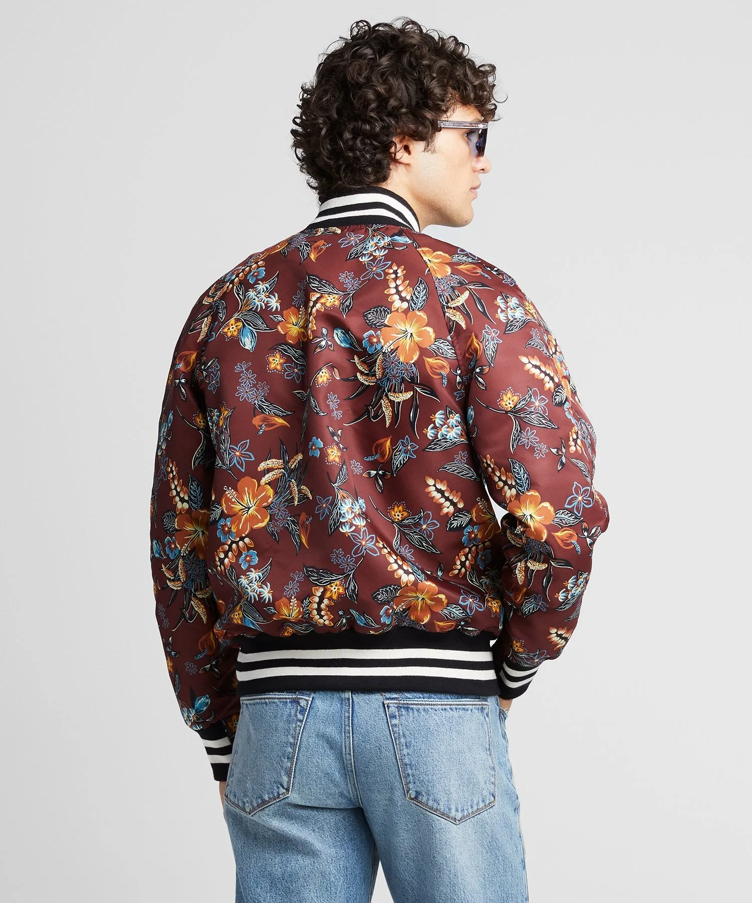 Floral Nylon Bomber in Burgundy