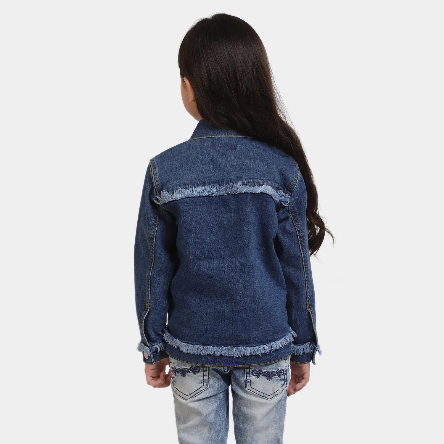 Girls Denim Jacket Fringes-DARK BLUE