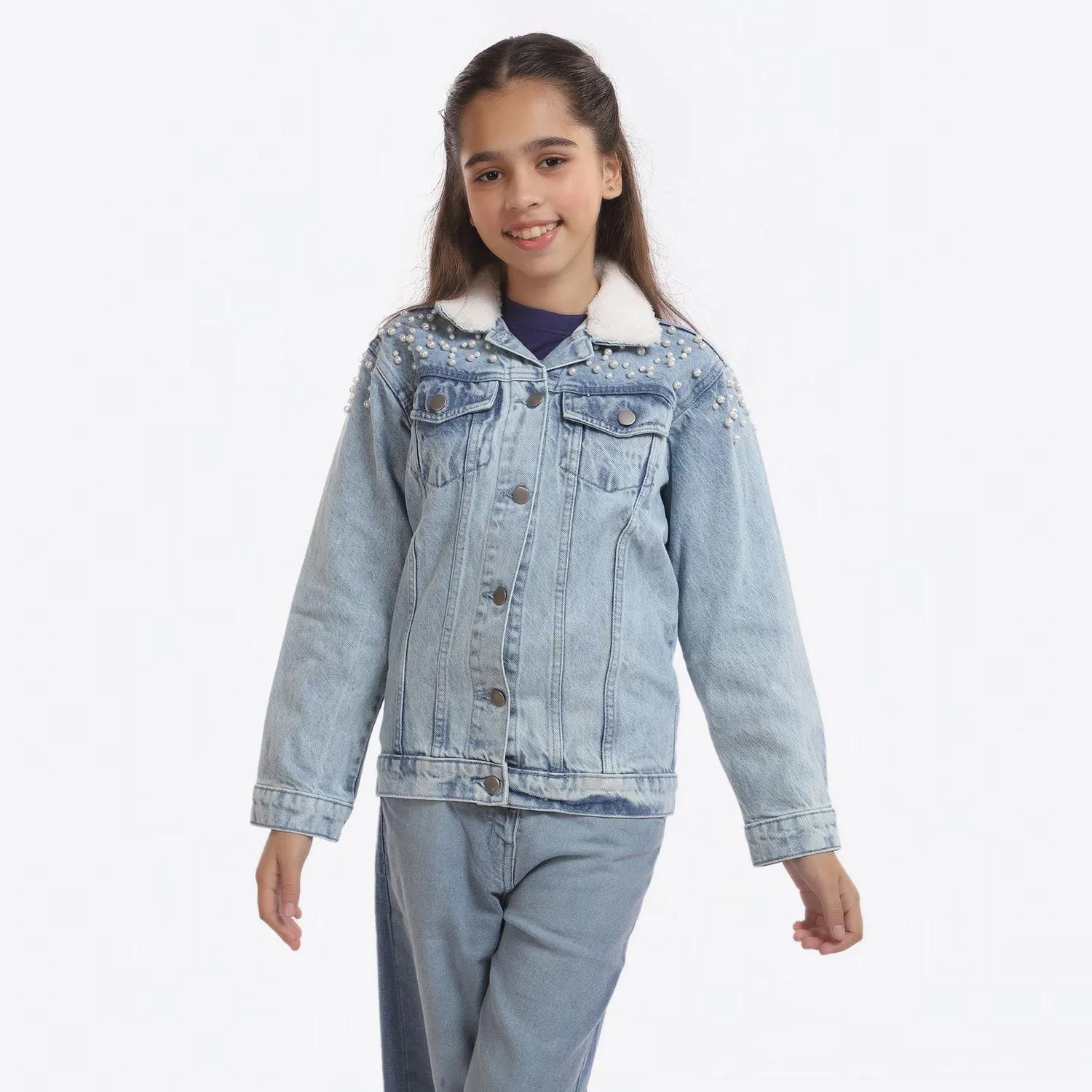 Girls Denim Jacket Pearls - LIGHT BLUE