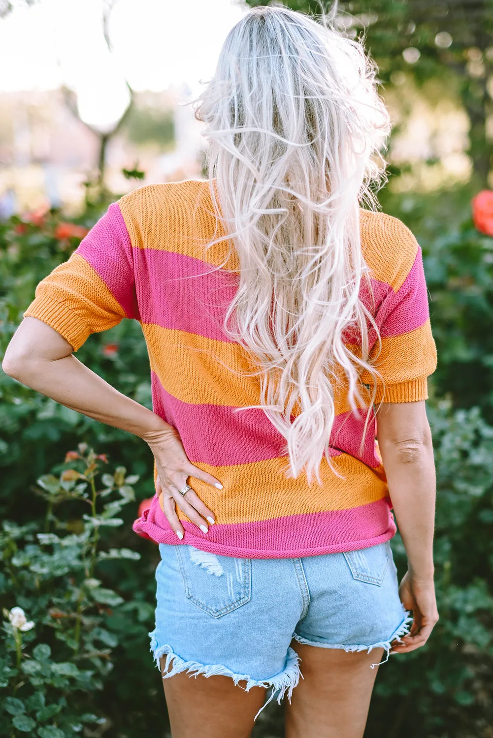 Henley Stripe Color Block Knitted T-shirt Sweater