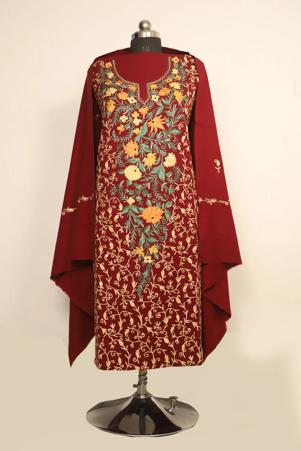 Maroon Color Kashmiri Woolen Aari Work Embroidered Unstitched Suit Fabric With Stole