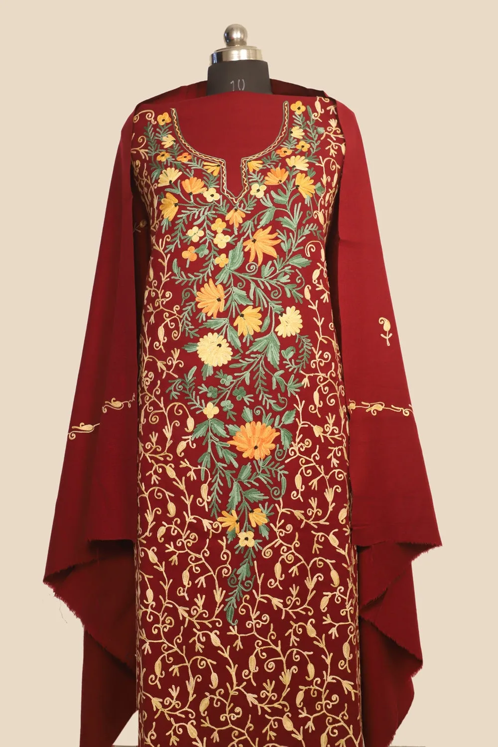 Maroon Color Kashmiri Woolen Aari Work Embroidered Unstitched Suit Fabric With Stole