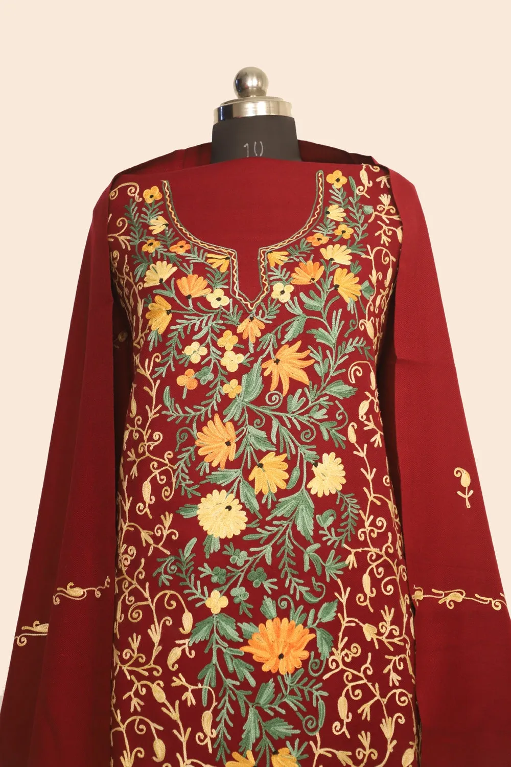 Maroon Color Kashmiri Woolen Aari Work Embroidered Unstitched Suit Fabric With Stole