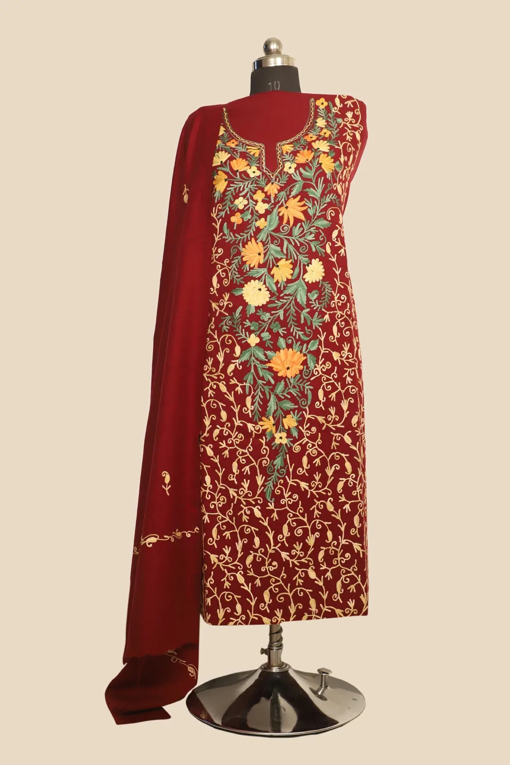 Maroon Color Kashmiri Woolen Aari Work Embroidered Unstitched Suit Fabric With Stole