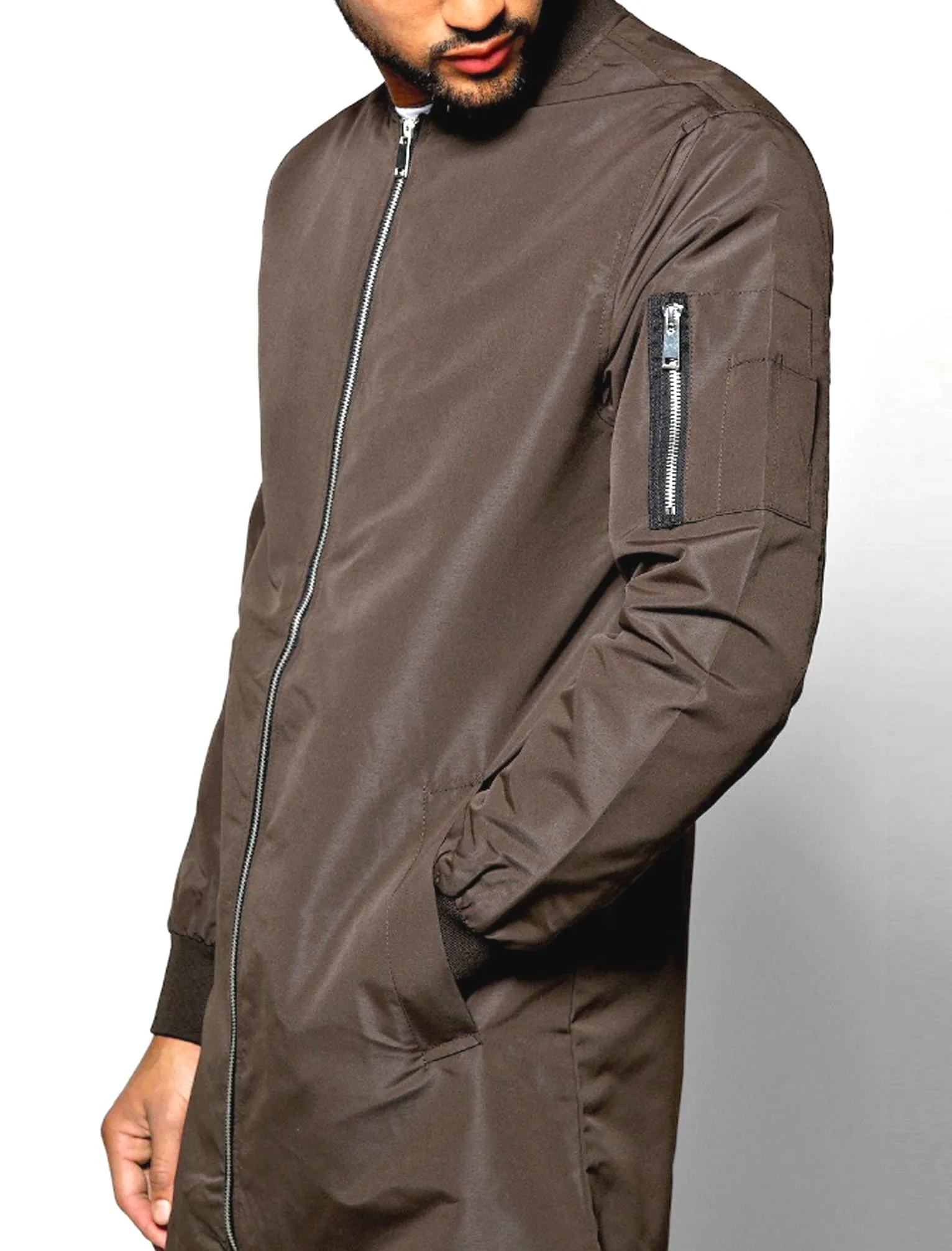 Mens Aiden Longline Bomber Jacket in Mocha Brown