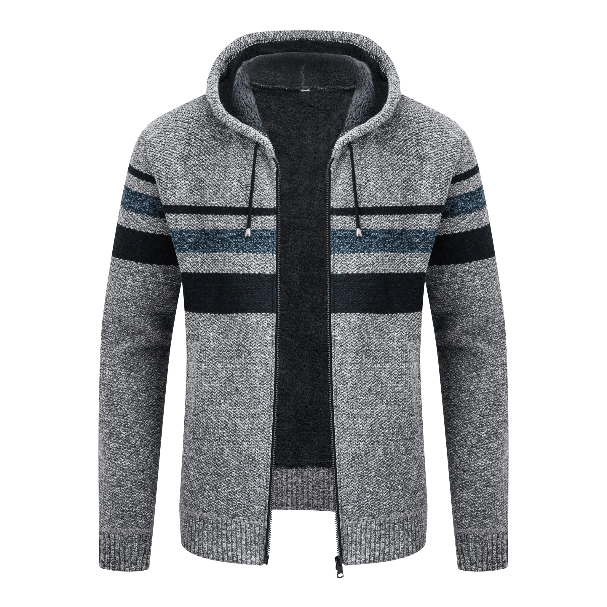 Men's Full Zipper Stripe Fleece Hoodie-ZPK005860