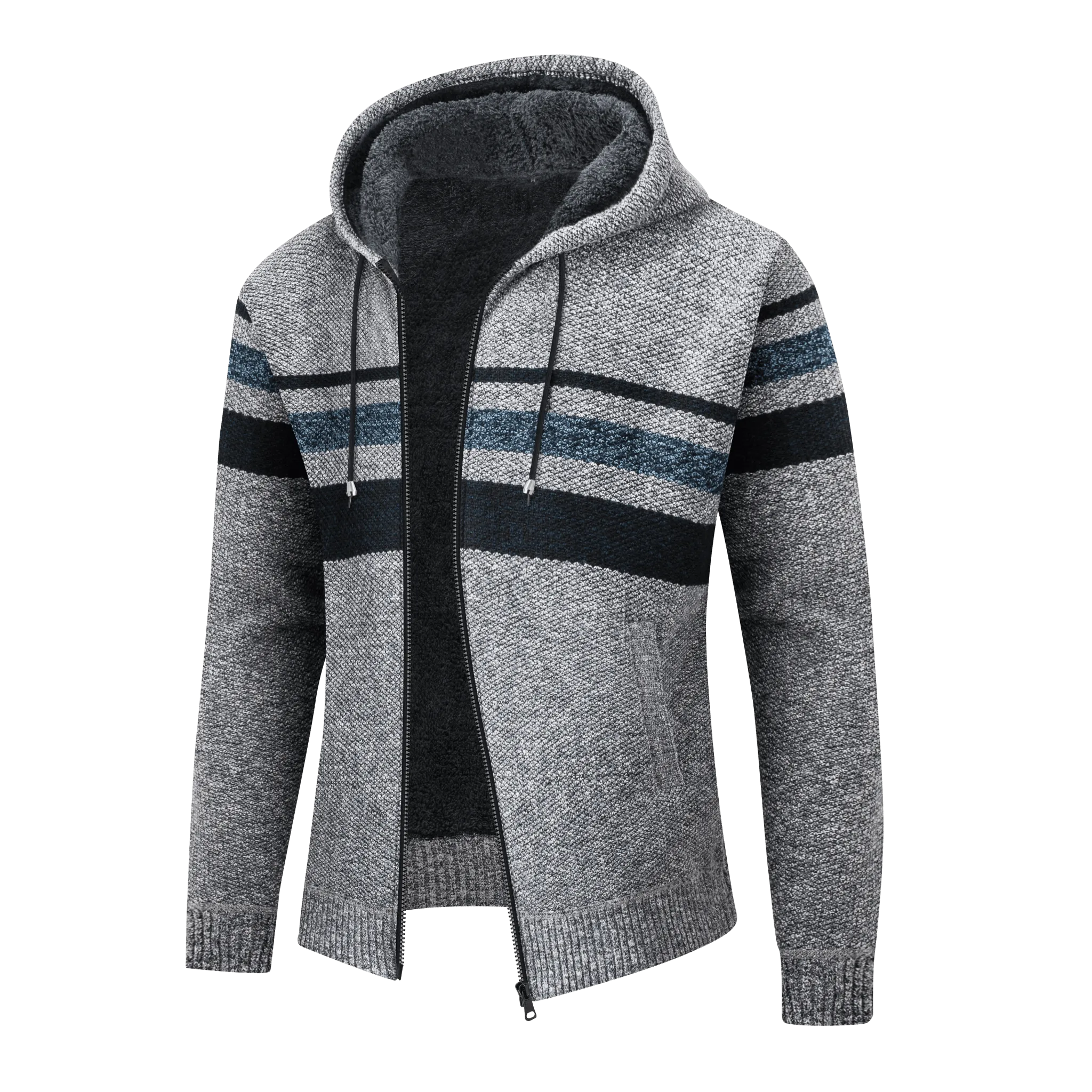 Men's Full Zipper Stripe Fleece Hoodie-ZPK005860