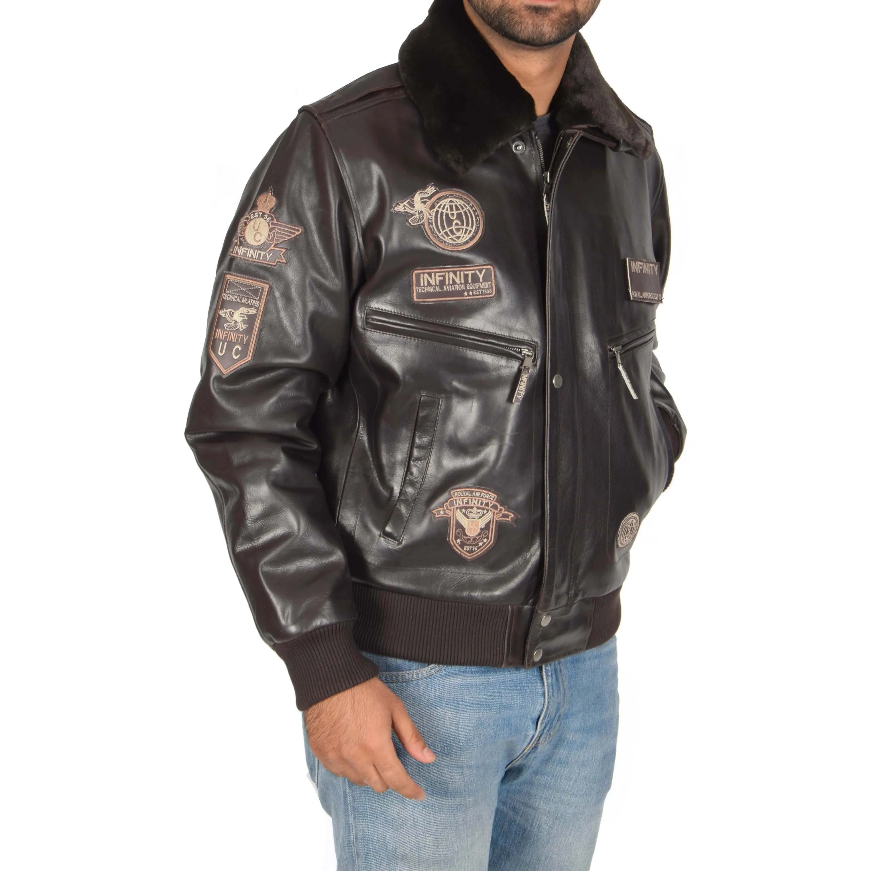 Mens Pilot Leather Jacket Air Force Badges Bomber Luca Brown