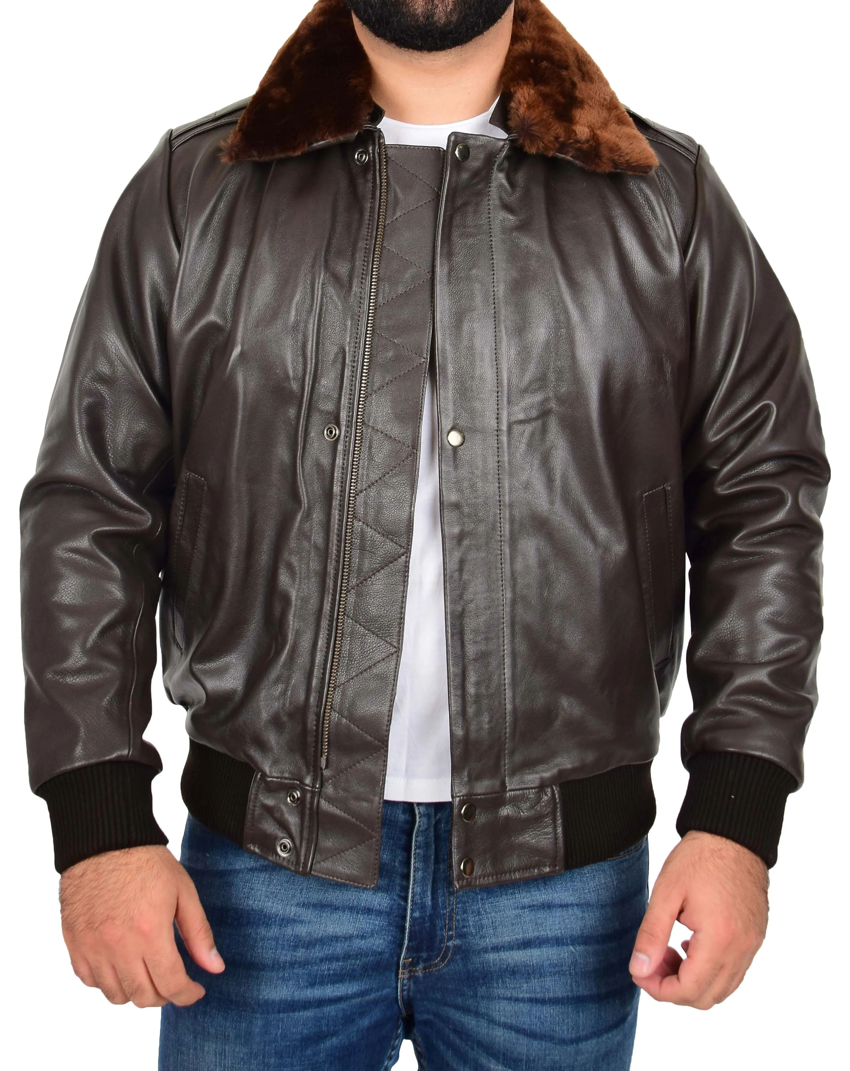 Mens Real Cowhide Pilot Leather Jacket Heavy Duty Air Force Harrington Bomber Gripen Brown