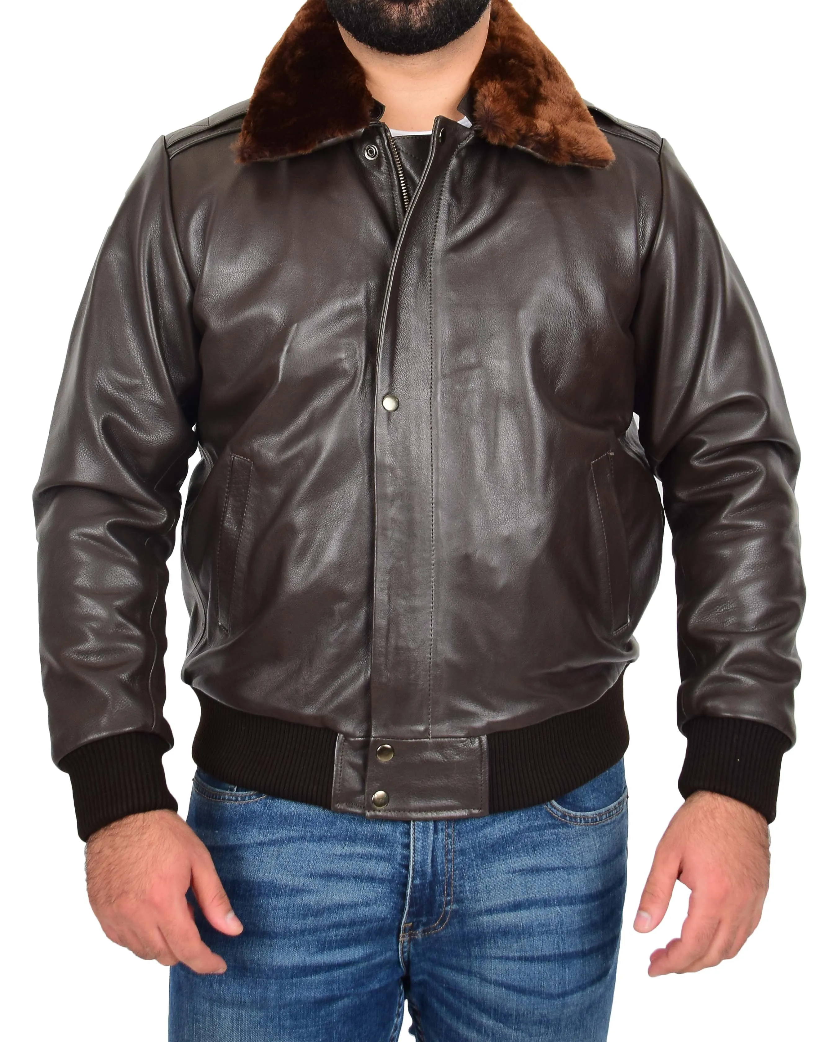 Mens Real Cowhide Pilot Leather Jacket Heavy Duty Air Force Harrington Bomber Gripen Brown