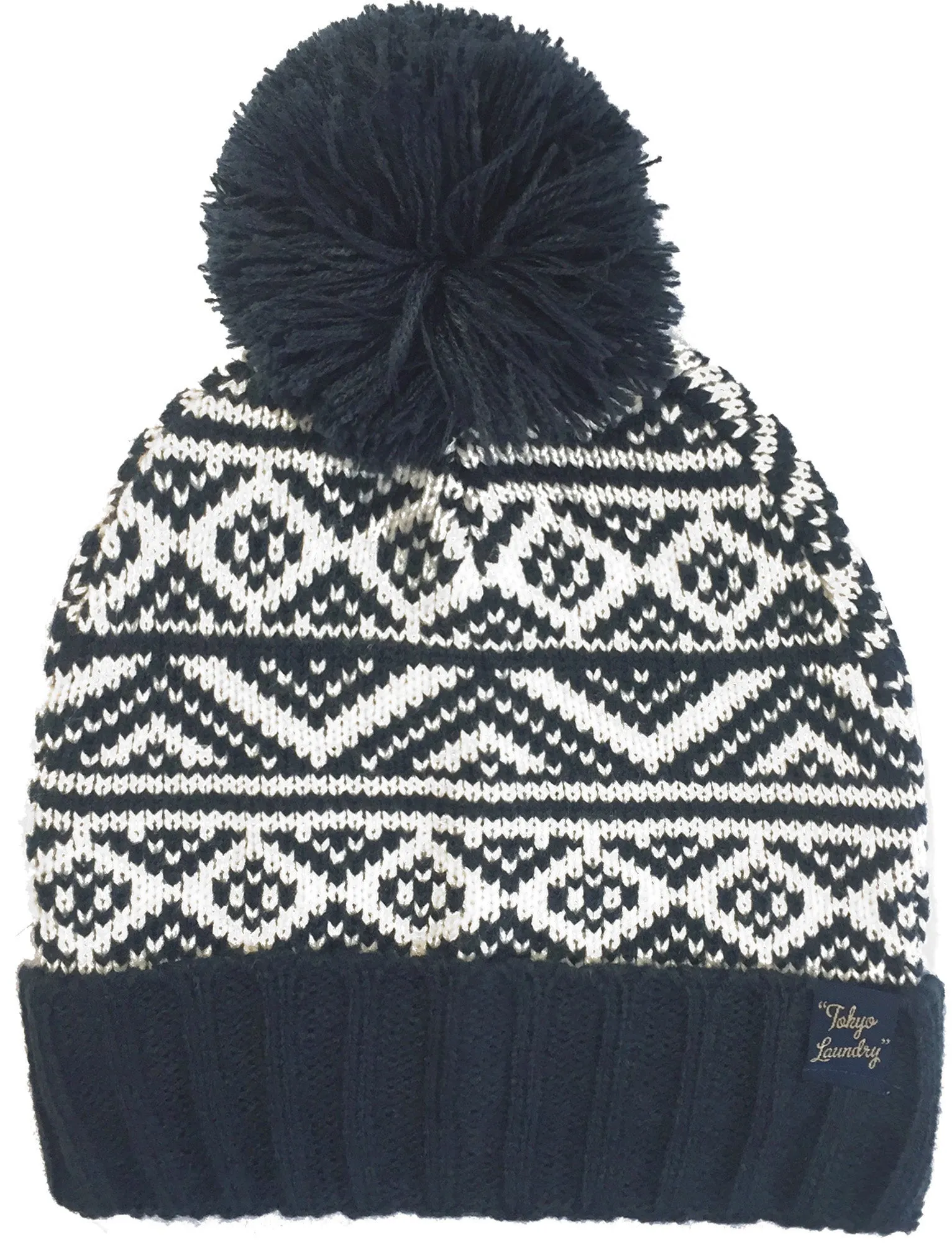 Men's Sandor Wool Blend Fairisle Print Bobble Hat in Navy - Tokyo Laundry