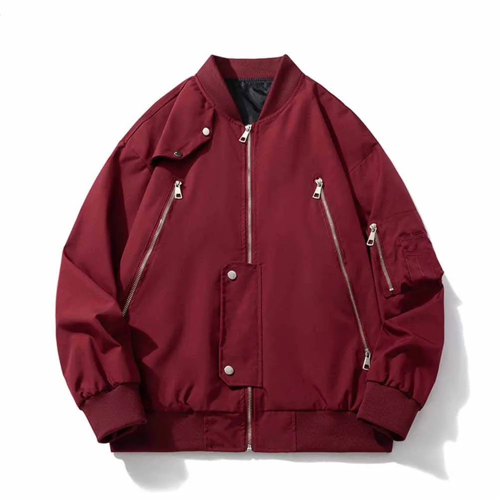 Multiple Zipper Design Solid Color Thickened Bomber Jacket