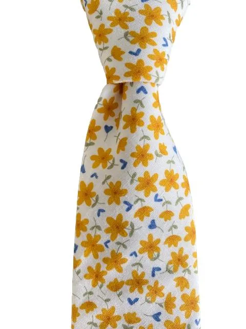 Mustard Yellow Flowers with Tiny Blue Hearts and Green Leaves Men's Tie