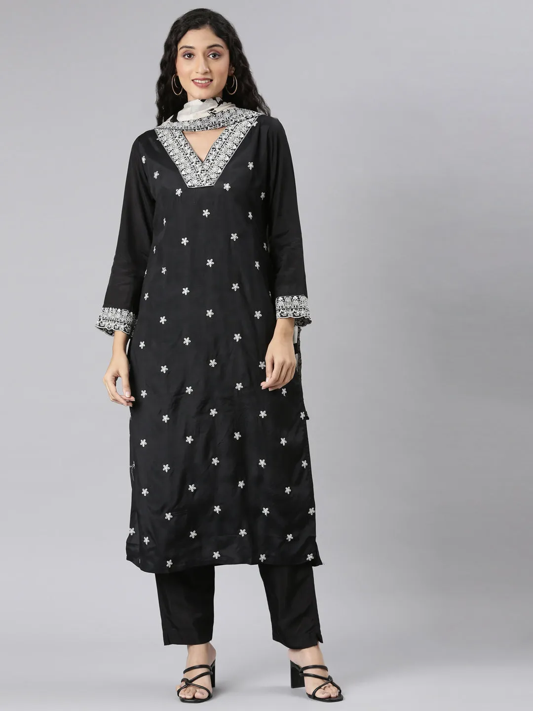 Neerus Black Straight Casual Floral Kurta and Trouser with Dupatta