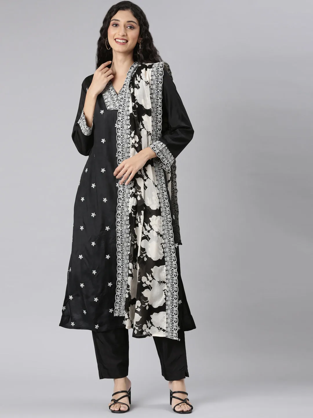 Neerus Black Straight Casual Floral Kurta and Trouser with Dupatta