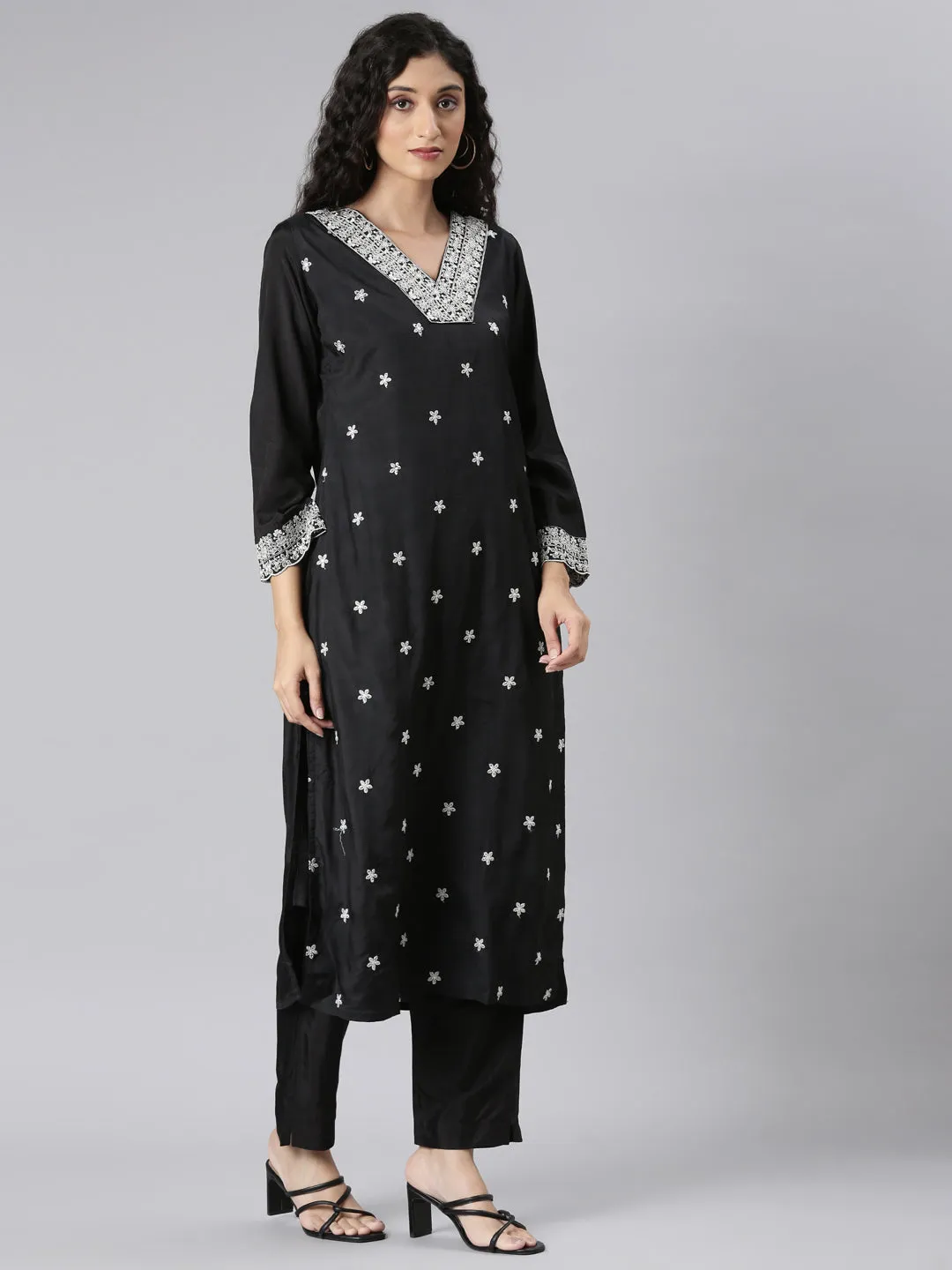 Neerus Black Straight Casual Floral Kurta and Trouser with Dupatta