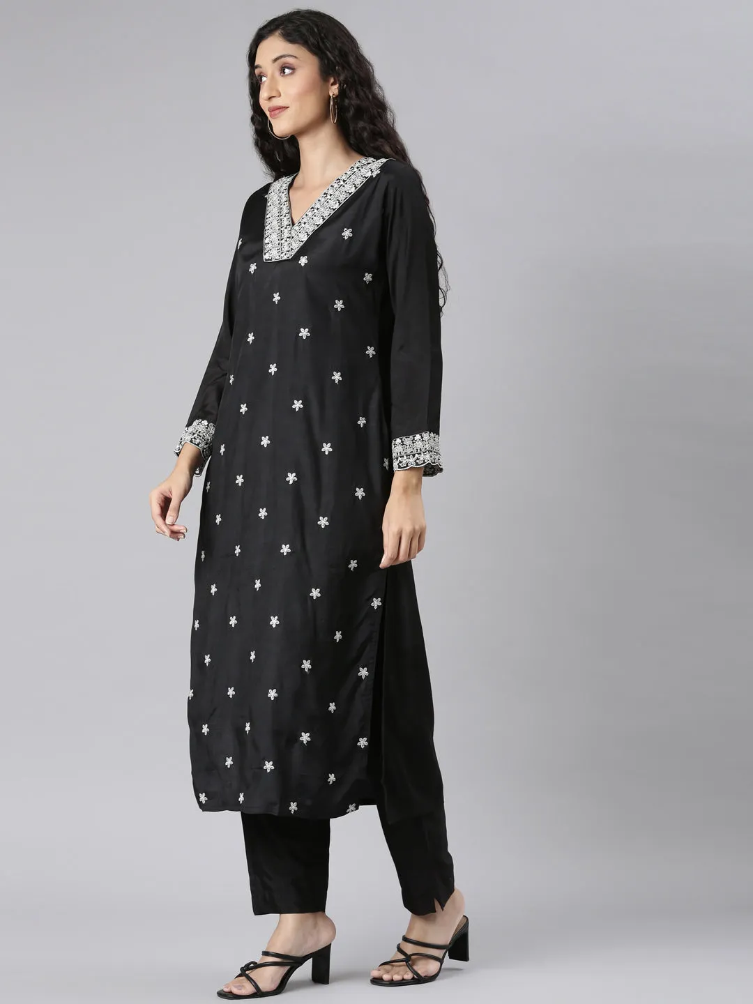 Neerus Black Straight Casual Floral Kurta and Trouser with Dupatta