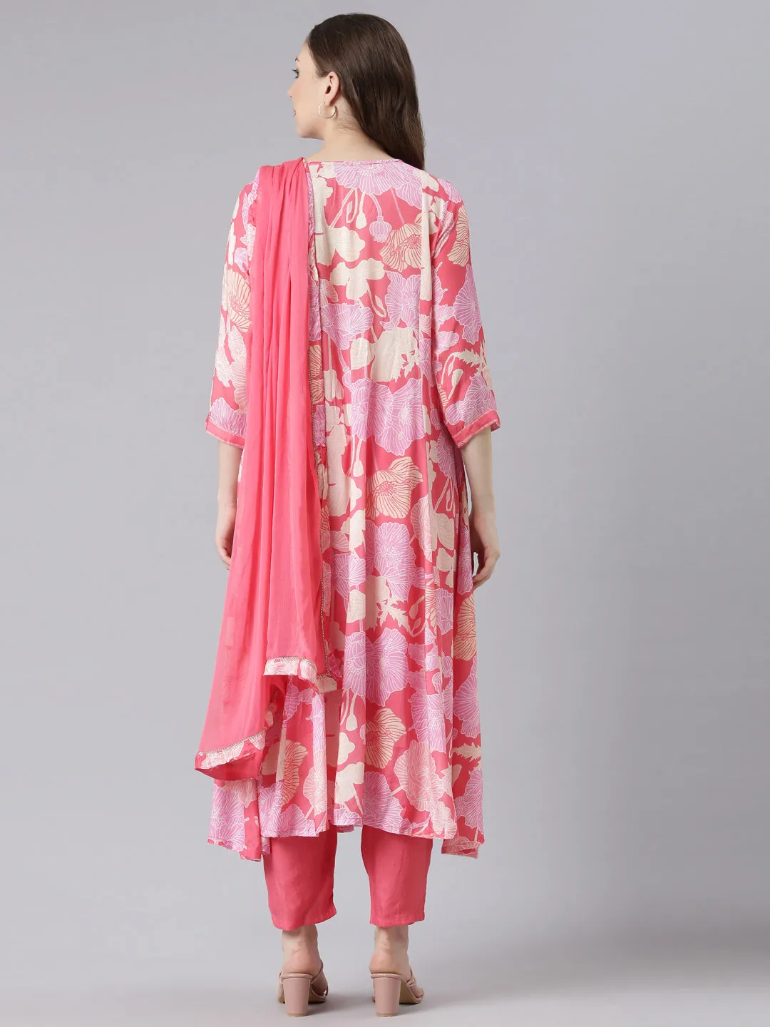 Neerus Pink Muslin Curved Casual Floral Kurta and Trouser with Dupatta