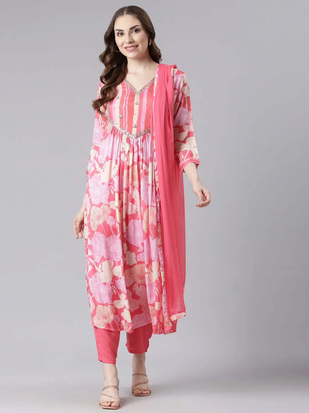 Neerus Pink Muslin Curved Casual Floral Kurta and Trouser with Dupatta