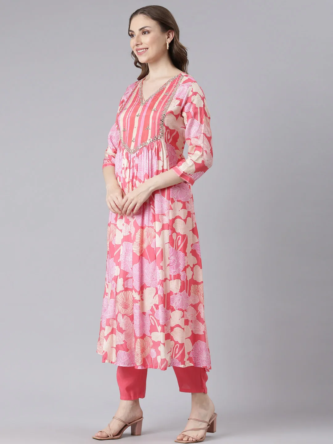 Neerus Pink Muslin Curved Casual Floral Kurta and Trouser with Dupatta