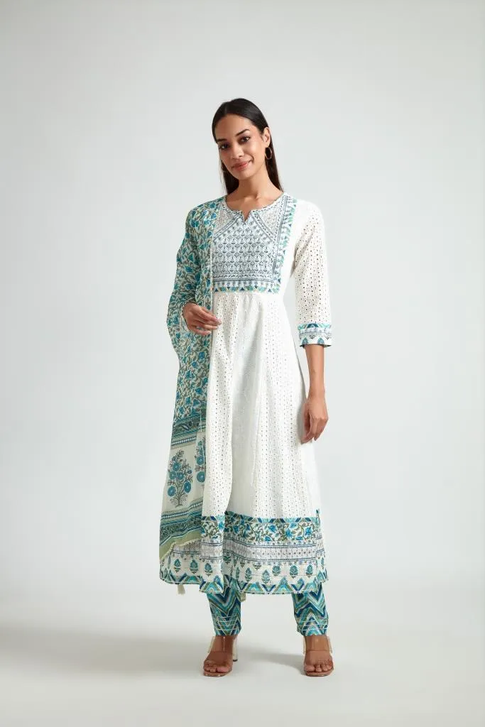 Neerus Women Off White  Blue Floral Yoke Design Kurta with Trouser  Dupatta