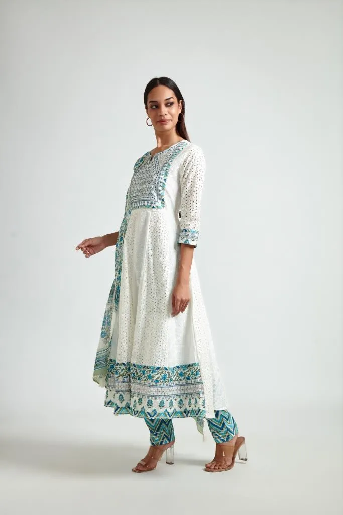 Neerus Women Off White  Blue Floral Yoke Design Kurta with Trouser  Dupatta