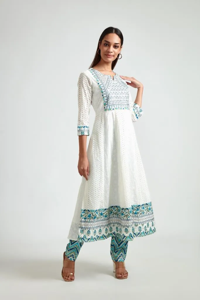 Neerus Women Off White  Blue Floral Yoke Design Kurta with Trouser  Dupatta