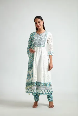 Neerus Women Off White  Blue Floral Yoke Design Kurta with Trouser  Dupatta