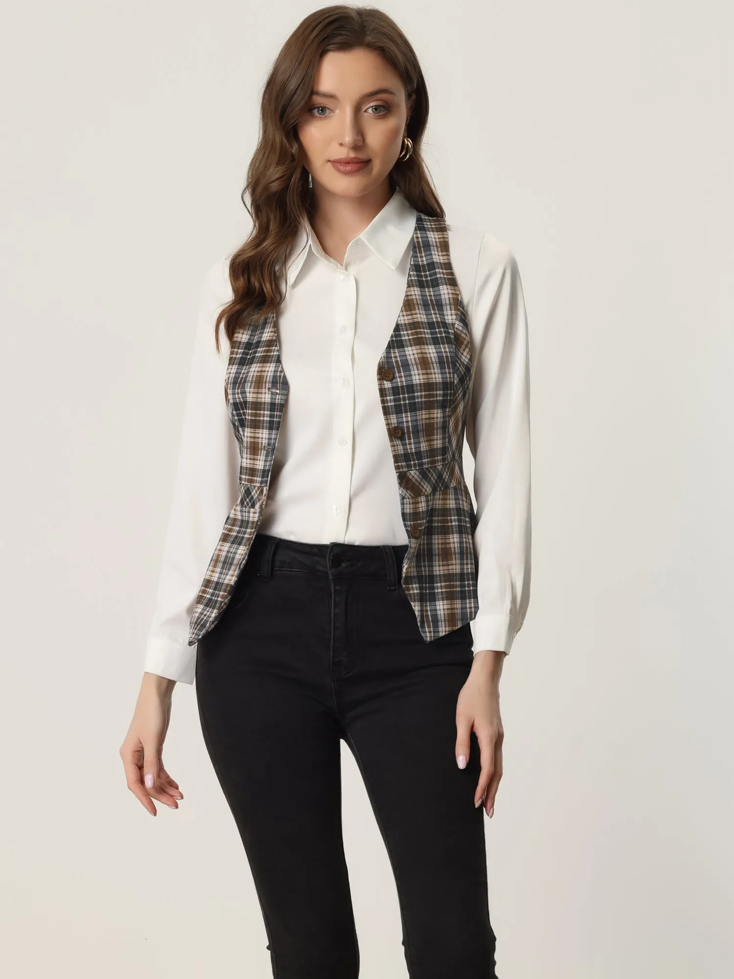 Plaid Waistcoat V Neck Single Breasted Sleeveless Jacket Vest