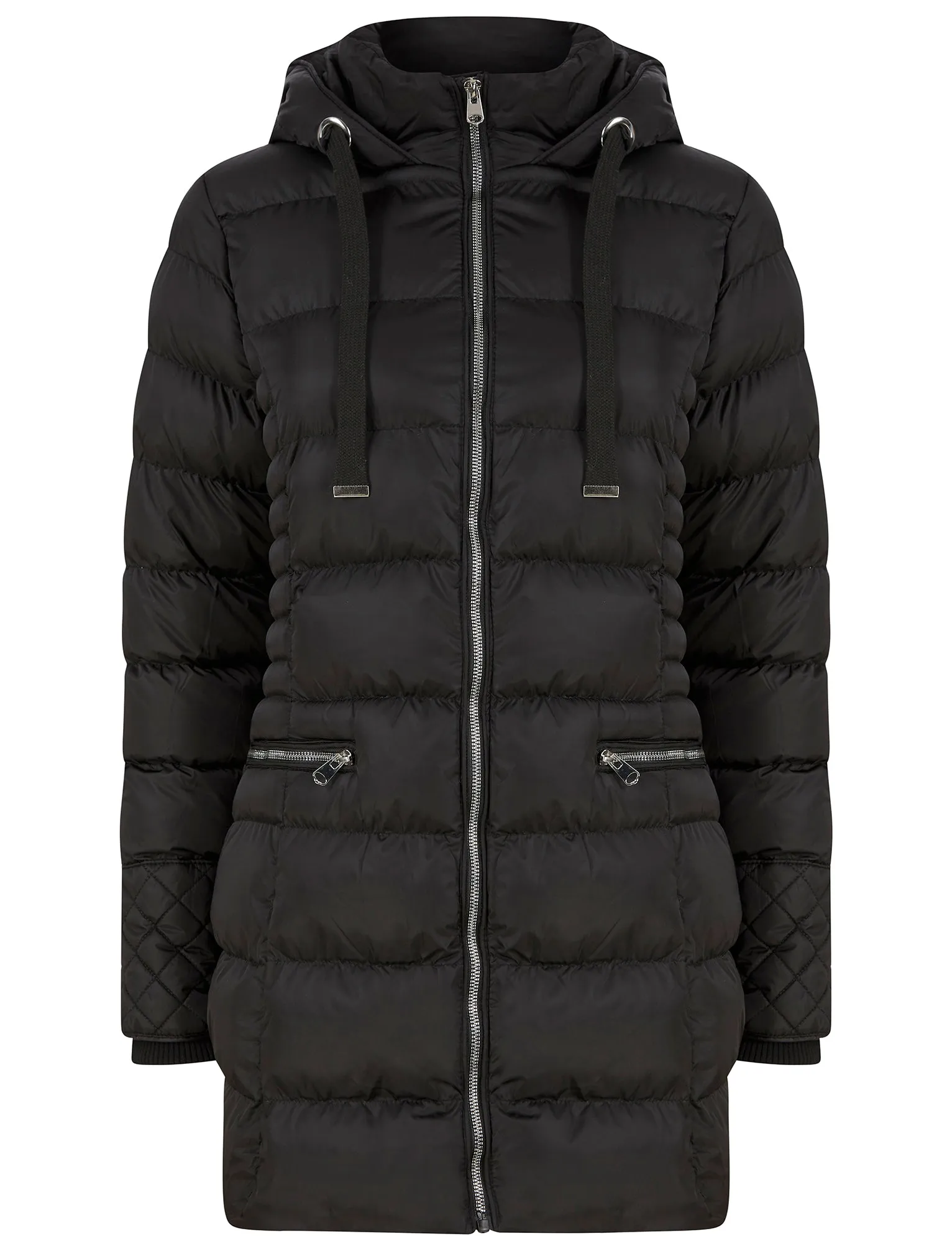 Shania Longline Quilted Puffer Coat with Hood in Black - Tokyo Laundry