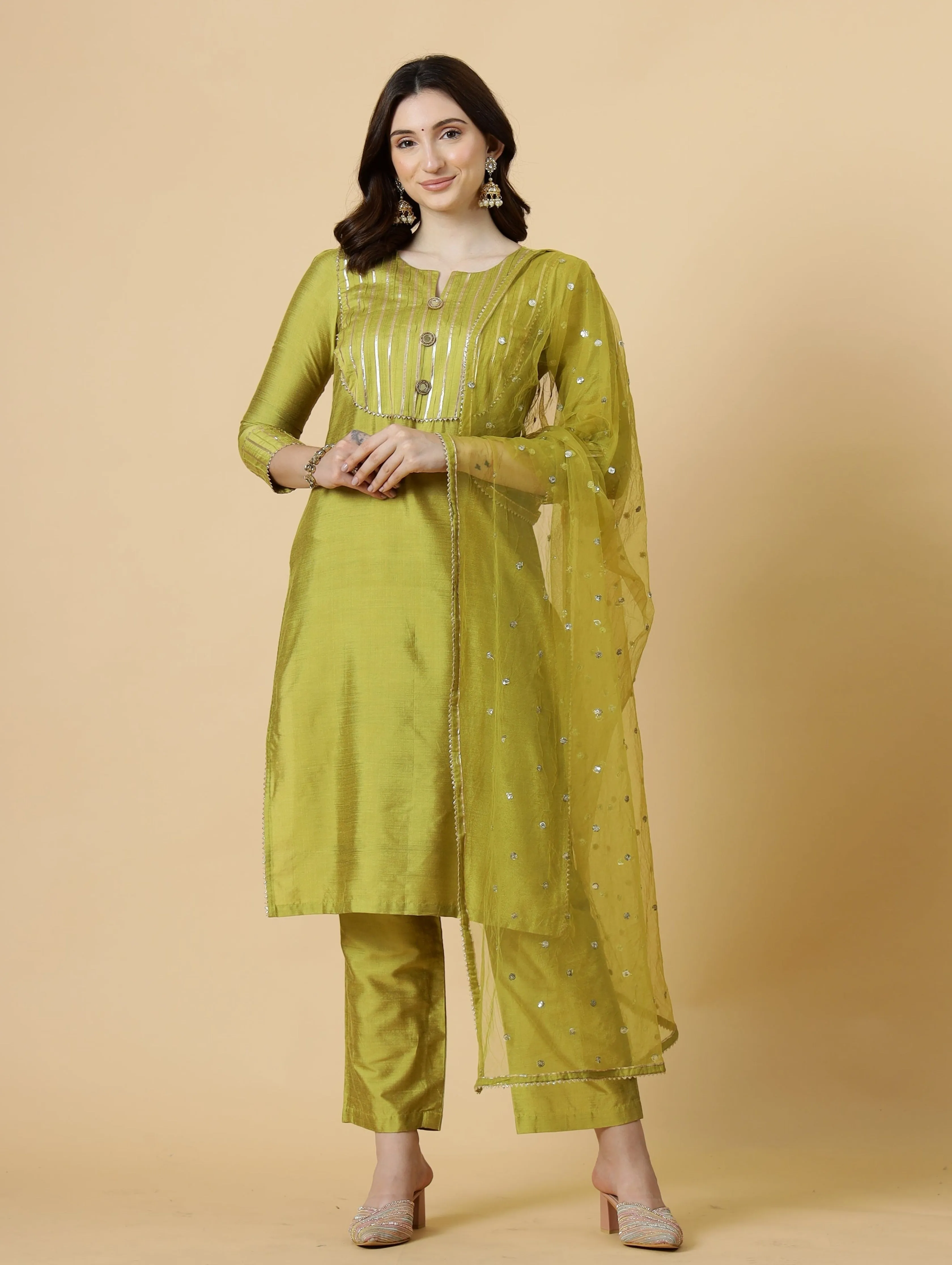 Stylish Lawn Green Kurti-Palazzo Set paired with Sequin Dupatta