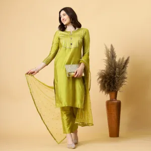 Stylish Lawn Green Kurti-Palazzo Set paired with Sequin Dupatta