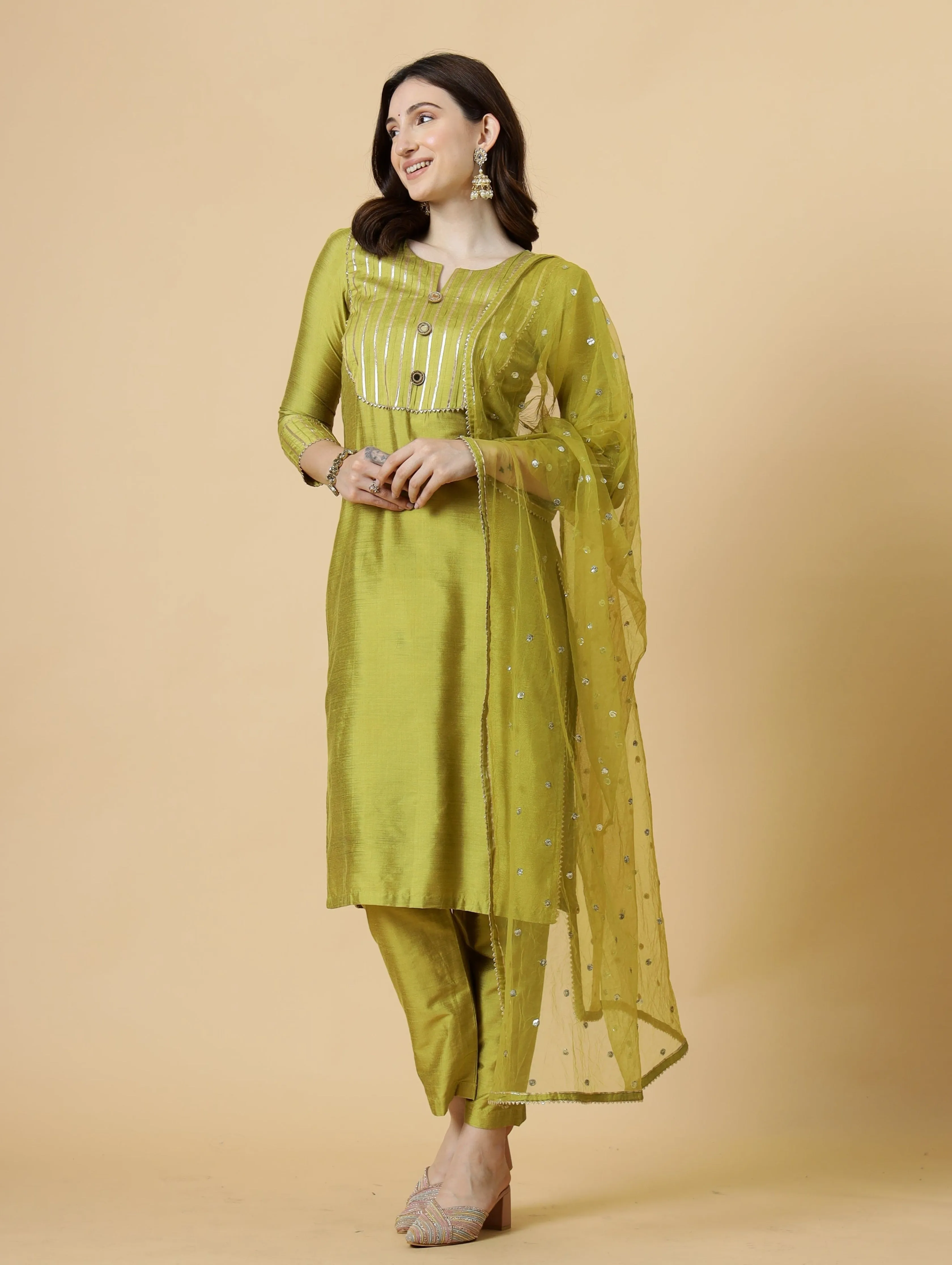 Stylish Lawn Green Kurti-Palazzo Set paired with Sequin Dupatta