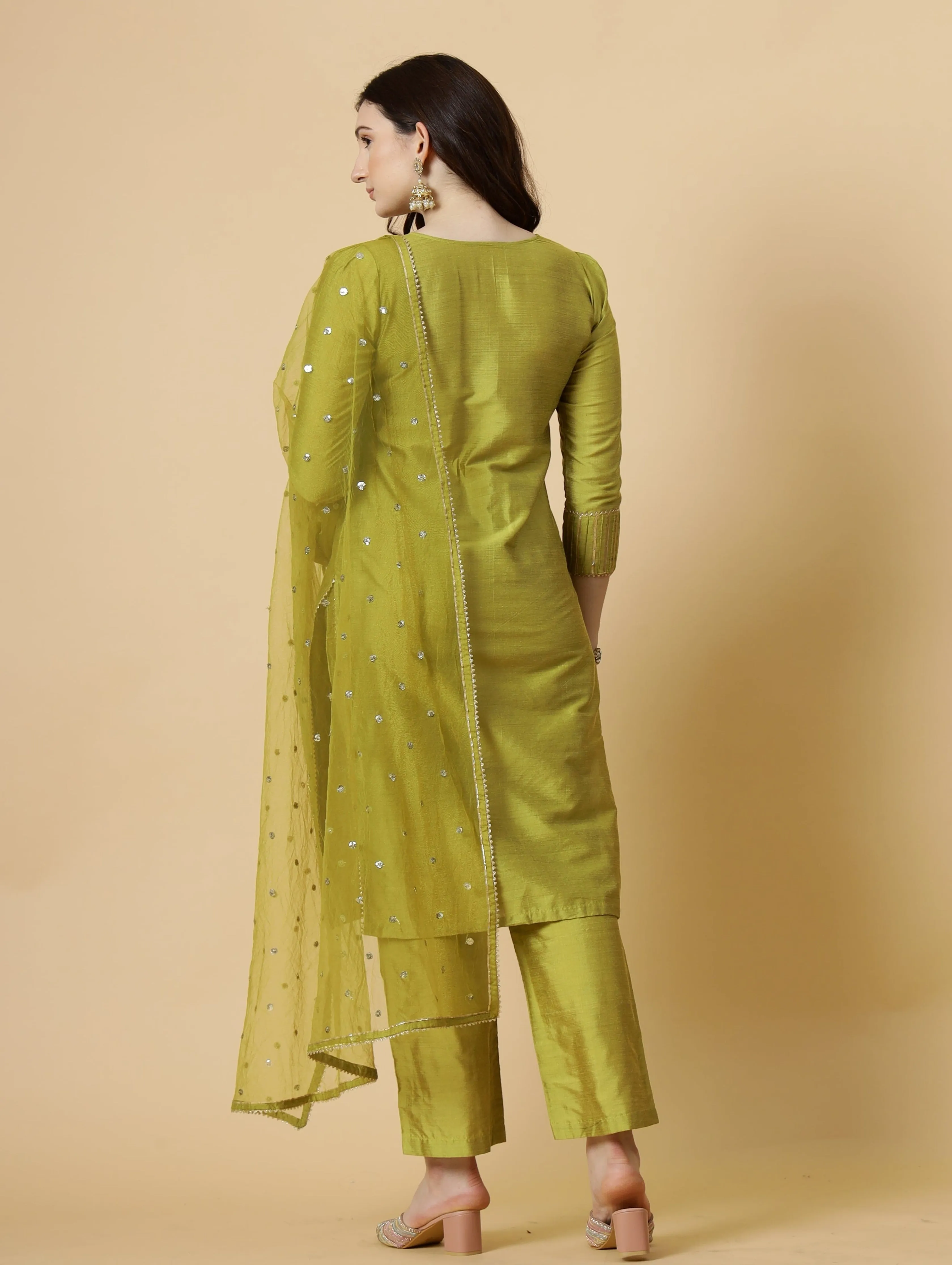 Stylish Lawn Green Kurti-Palazzo Set paired with Sequin Dupatta